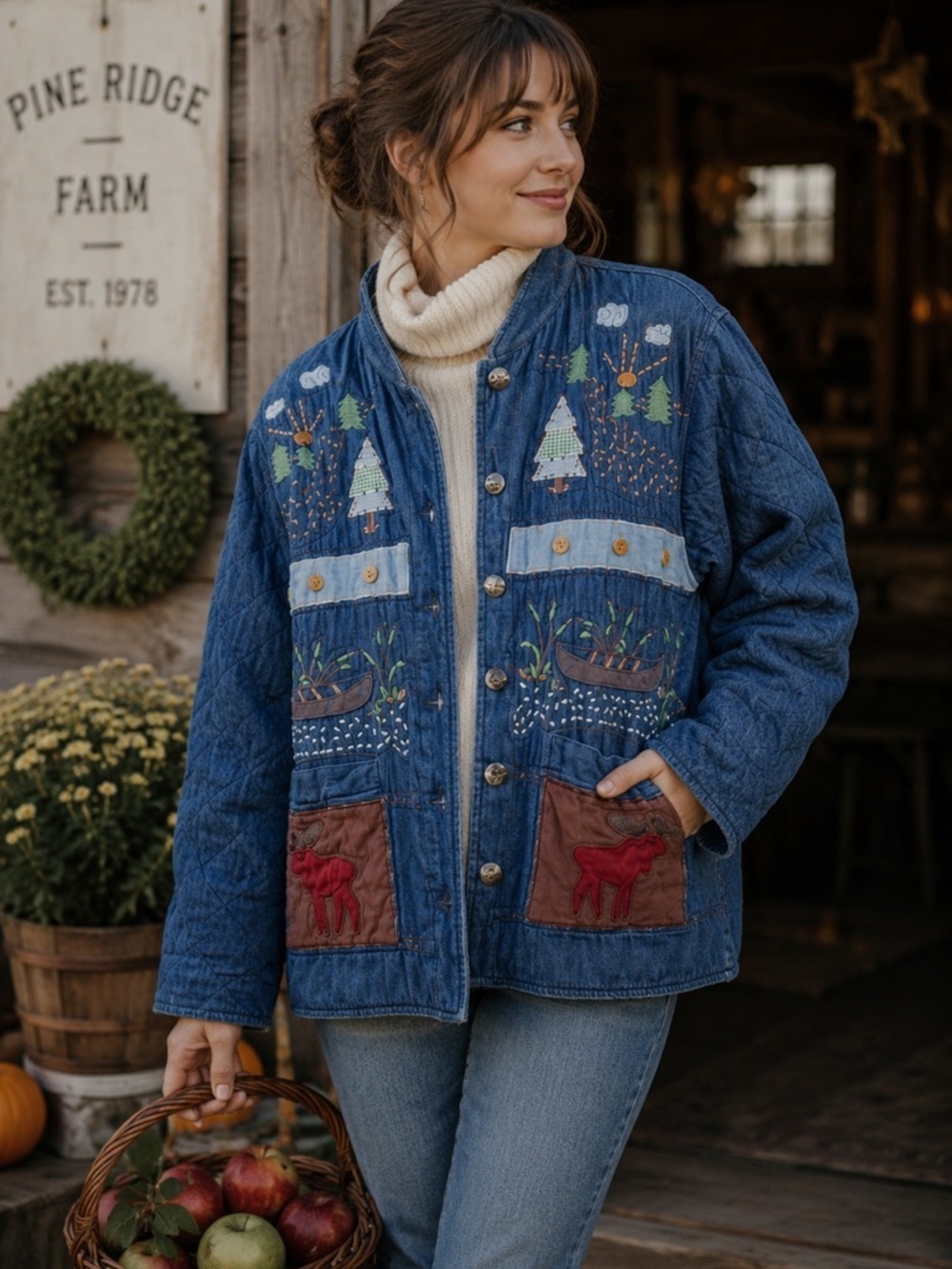 Vintage ORVIS Quilted Moose Cabin Jacket Cottagecore Woodland Folk Art Coat Sz M